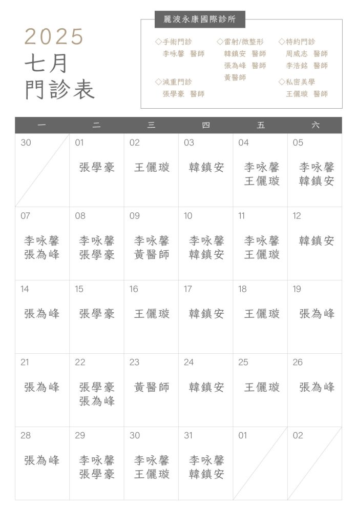 台北市大安區麗波永康國際診所7月門診表