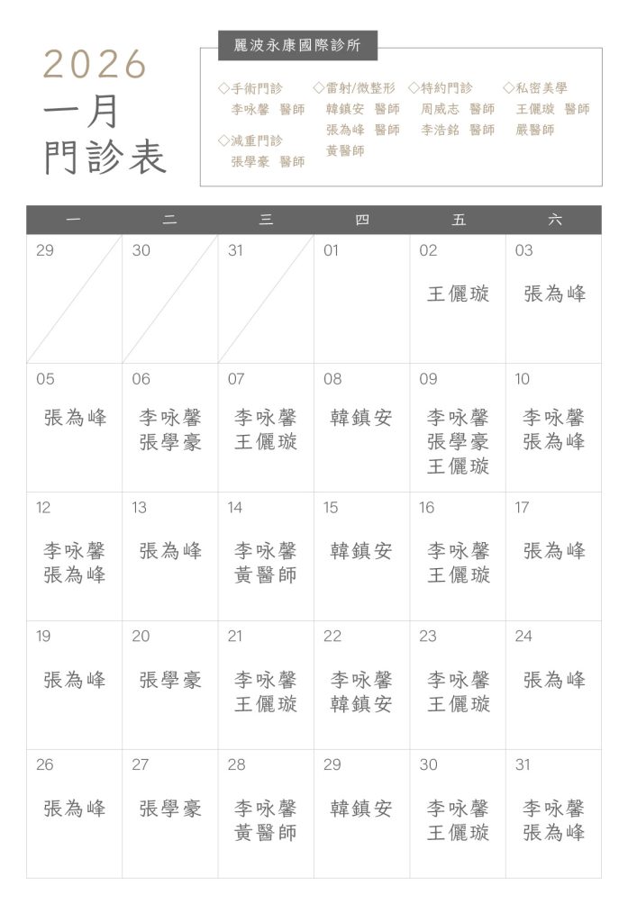 專精顯微套管抽脂、二次修復，麗波永康國際診所2026年1月門診時間